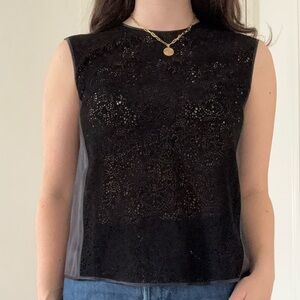 Rebecca Taylor Black Sleeveless Blouse – Size 0, Lace Panel & Back Buttons